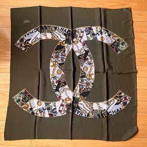 CHANEL 100% Silk Scarf Logo Olive Green Italy